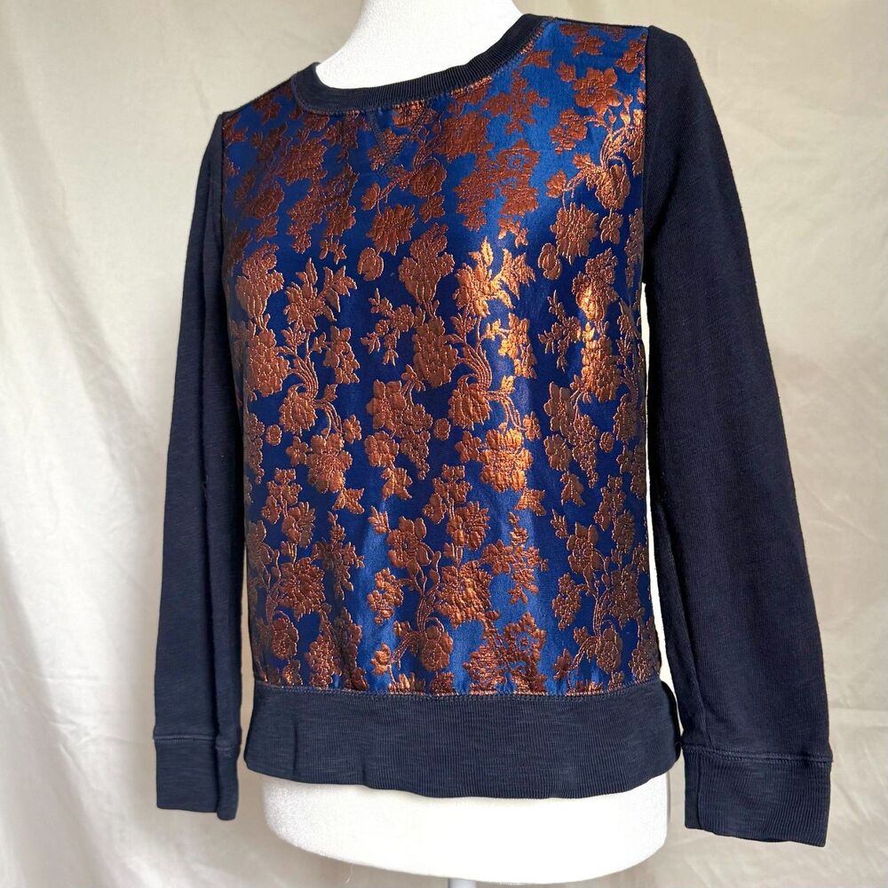 J Crew sweatshirt womens XS blue copper metallic floral holiday statement